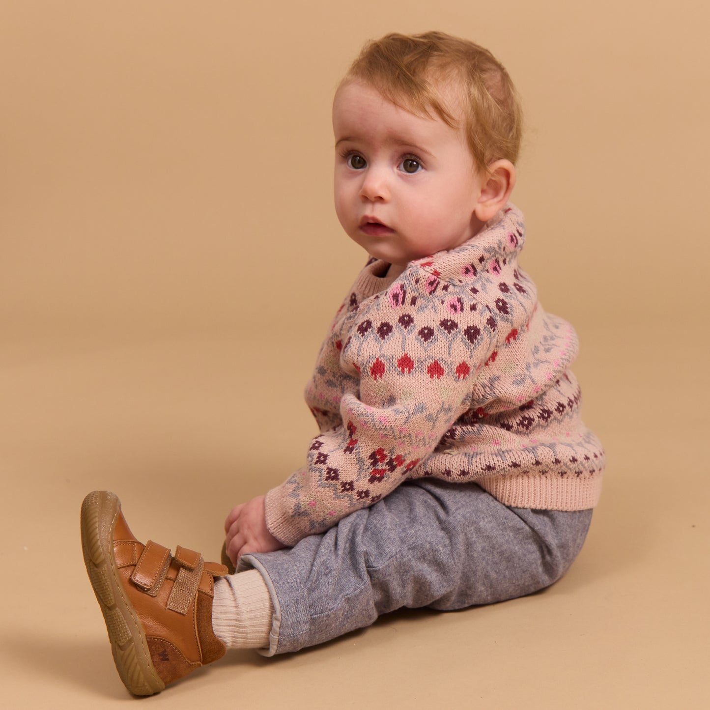 Baby pige med Wheat Mikmak jacquard strik pullover dim rose